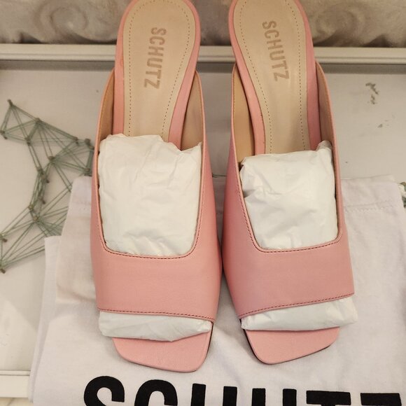 Schutz Women's Agape Slide Heeled Sandals in Rose. Leather. NIB. Size 10 - Picture 4 of 13